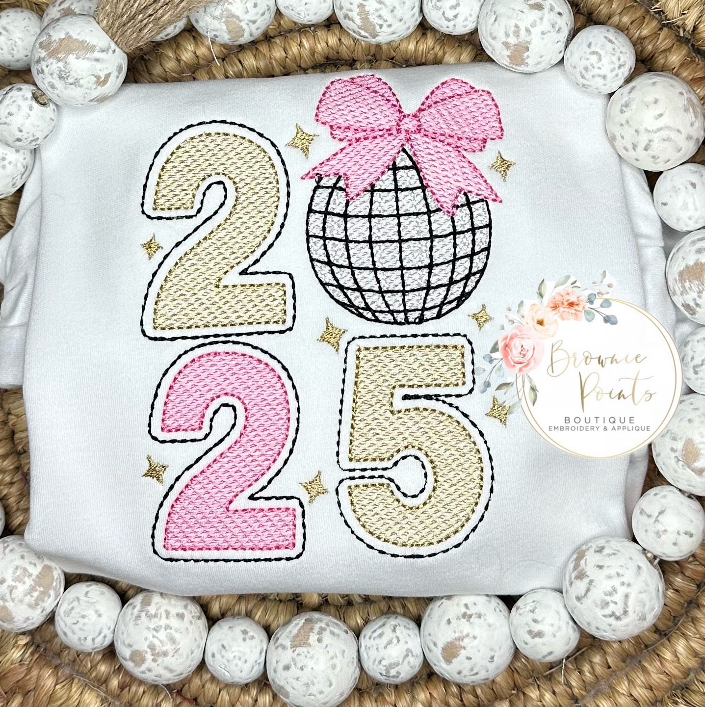 Happy New Year 2025 disco ball stacked -pink