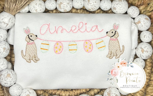 Easter Puppies w/bunting embroidery-pink