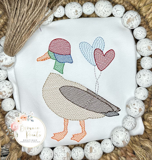 Valentine mallard with heart balloons