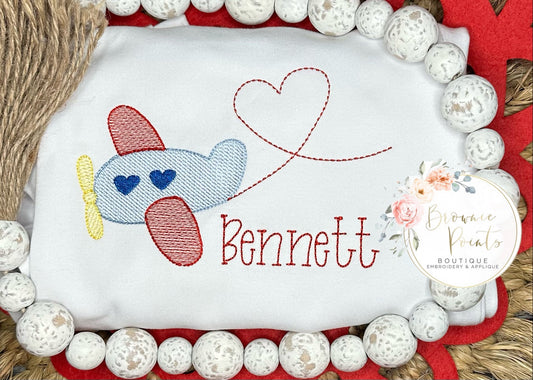 Valentine airplane sketch embroidery