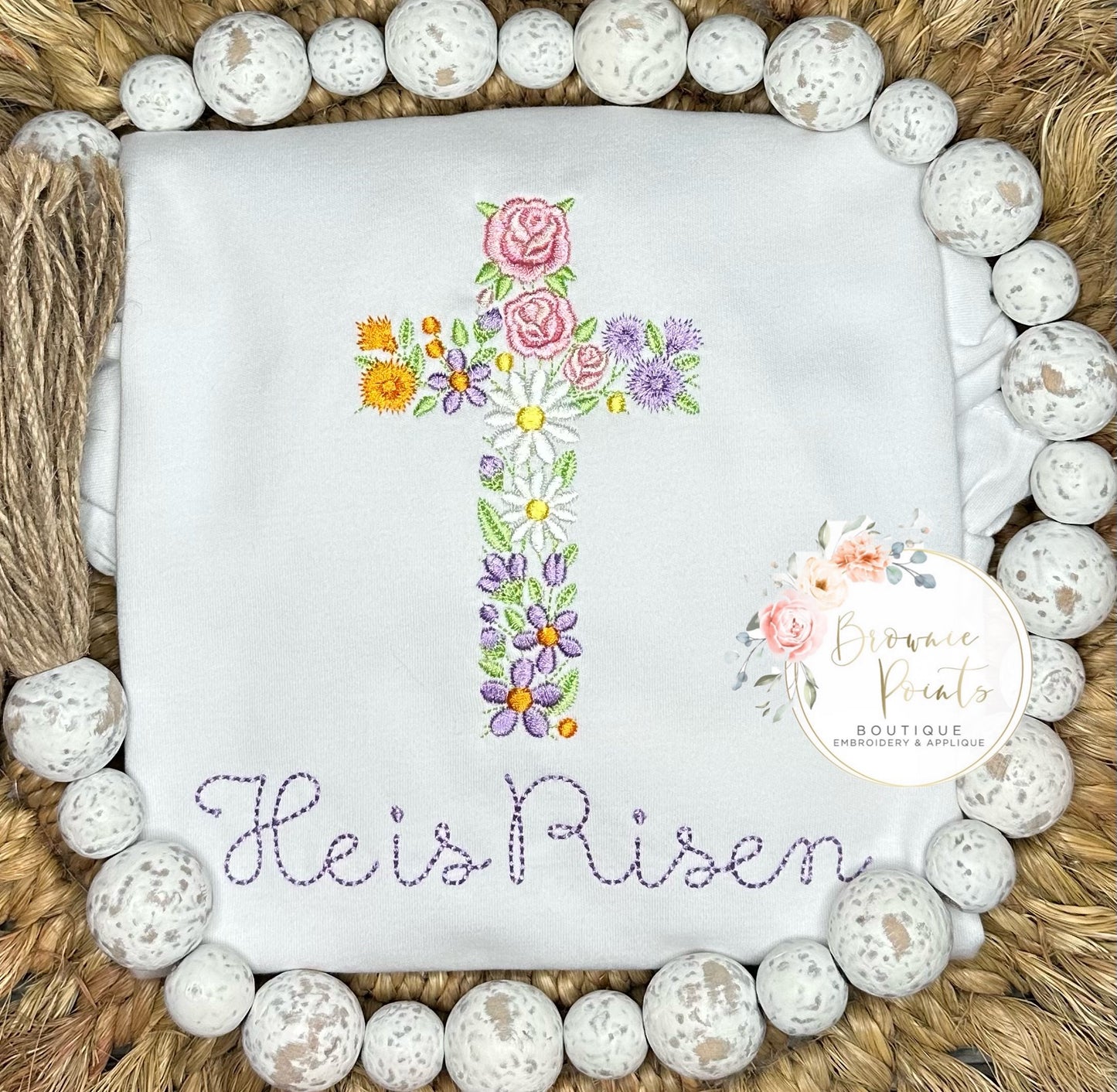 Easter Floral Cross He is Risen embroidery