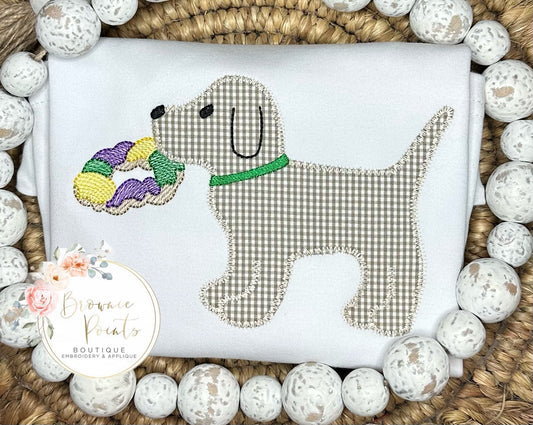 Mardi Gras puppy appliqué with king cake