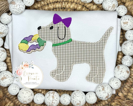 Mardi Gras puppy appliqué with king cake and bow