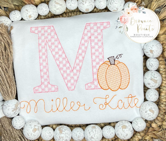 Gingham Initial with pumpkin embroidery