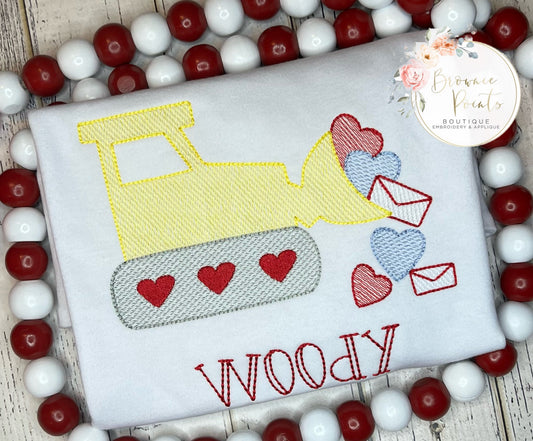 Valentine’s Day Bulldozer with hearts embroidery