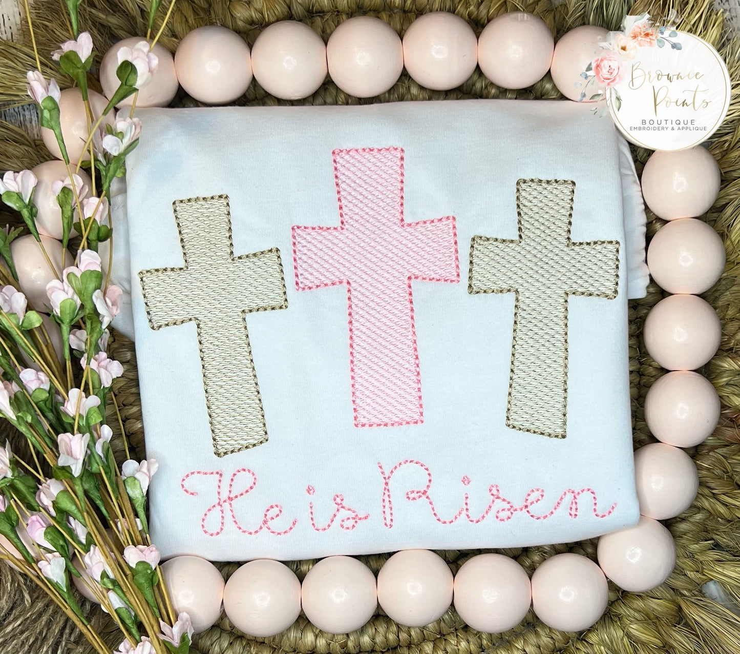 Easter Crosses He is Risen embroidery-pink