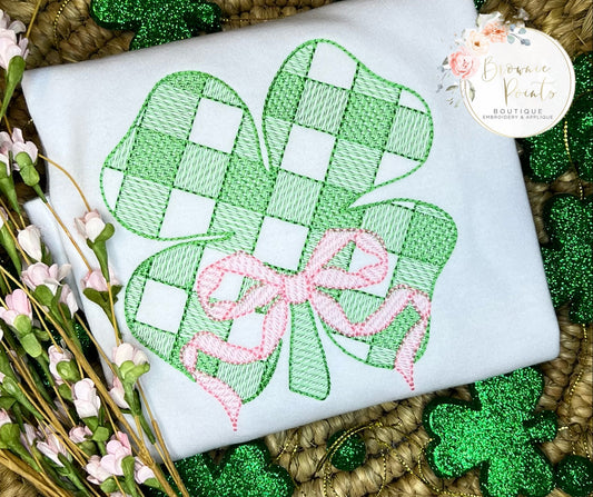 St. Patrick’s Day Gingham Shamrock with bow embroidery